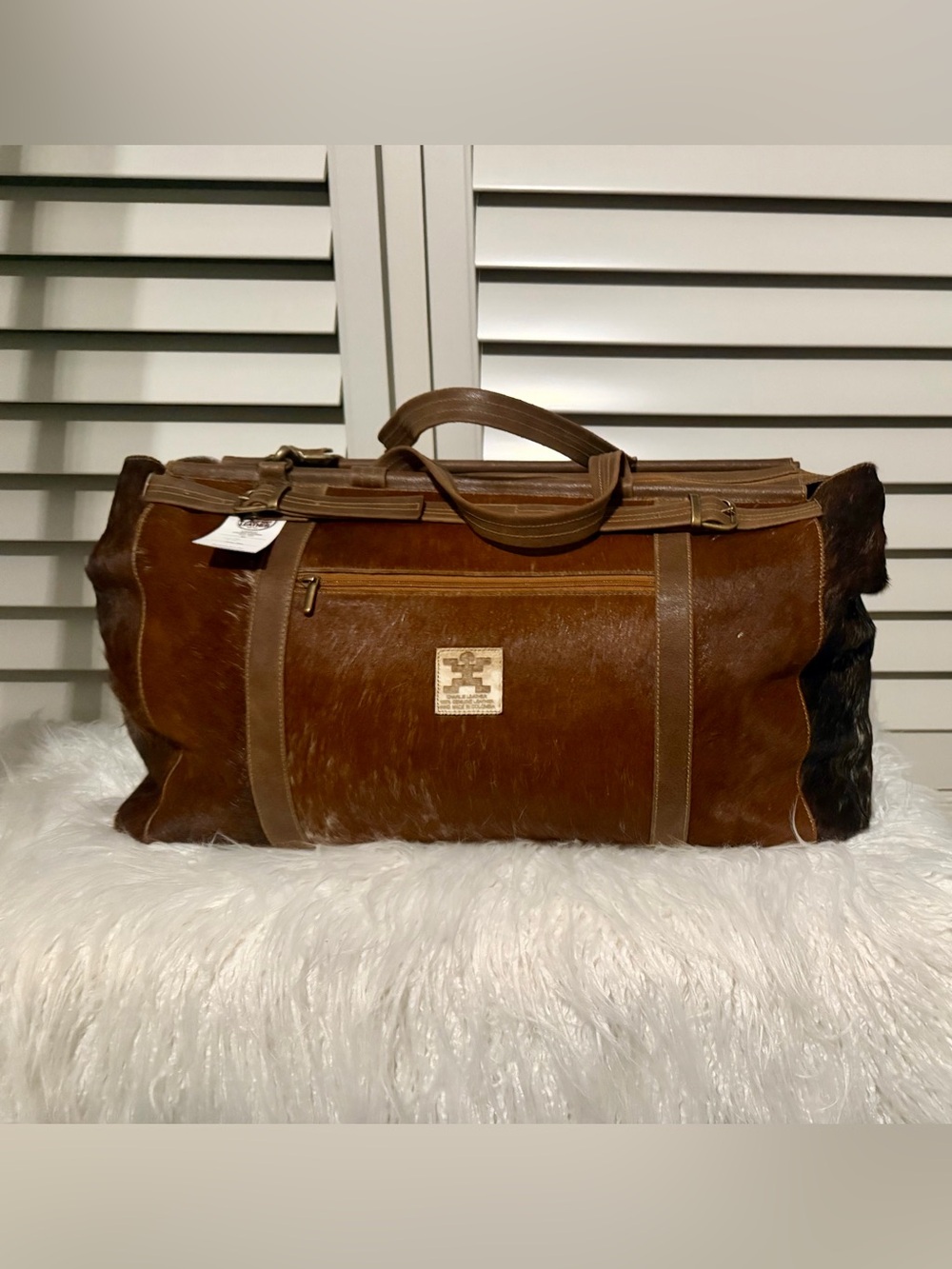 Brown Haircalf Duffel Bag with Front Zip Pocket